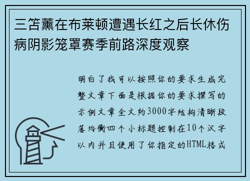 三笘薰在布莱顿遭遇长红之后长休伤病阴影笼罩赛季前路深度观察